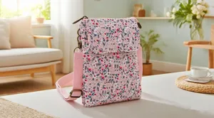 Floral crossbody phone bag detail in cozy home setting, small fabric purse for women.