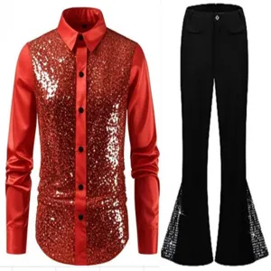 Men red sequin long sleeve shirt and black bell bottom pants stage dance costume set.