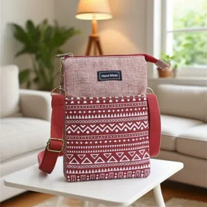 Women's Ethnic Style Canvas Crossbody Phone Bag Multi-Layer Small Shoulder Bag Printed Casual Travel Mobile Purse