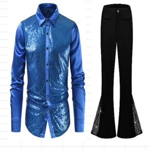 Men stylish blue sequin long sleeve shirt and black bell bottom pants outfit party club wear
