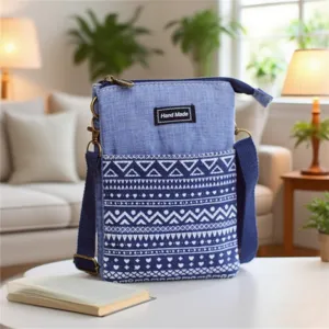 Blue fabric crossbody phone bag detail featuring ethnic geometric white patterns.