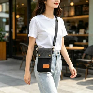 Canvas crossbody phone bag detail showing textured flap, metal buttons and shoulder strap.