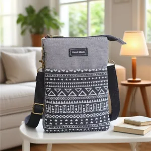 Ethnic style fabric crossbody phone bag with geometric pattern, multi-layer design, grey.