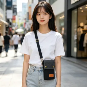 Detail shot of the black canvas crossbody phone bag worn by a model in a street scene setting.