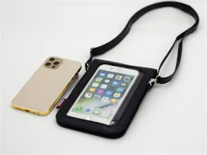 Borsa a tracolla per telefono in pelle PU nera con finestra touch trasparente e cinturino.