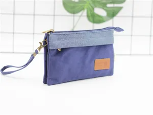 Sac pochette multicouche en toile pour femme trousse de maquillage bracelet rangement bleu