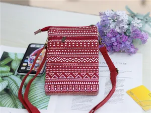 Ethnic style canvas crossbody phone bag with multi layers and straps for women daily use.