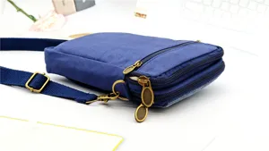 Detail shot of casual women canvas crossbody phone bag, blue multi-layer shoulder bag.