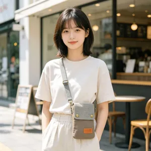 Canvas crossbody phone bag detail view, minimalist style, adjustable strap and compact design.