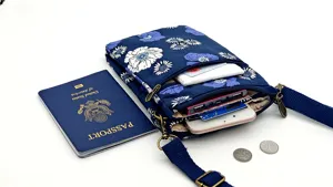 Blue floral crossbody phone bag detail view, multi-layer zipper pocket for travel essentials.