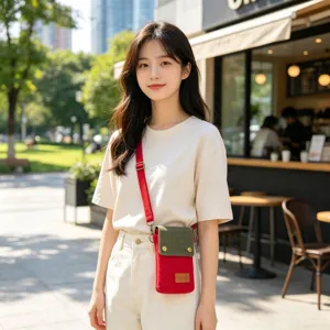 Canvas crossbody phone bag for women, simple casual red and green color block design.
