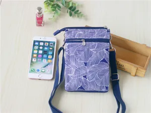 Blue and white leaf pattern canvas crossbody phone bag, multi-layer casual shoulder bag.