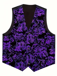 Detailed view of men's gold foil printed paisley suit vest, featuring black trim and V-neck.