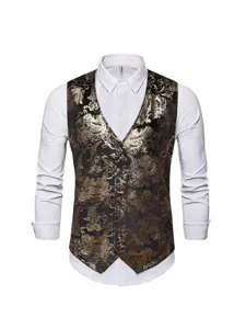 Men's gold foil printed suit vest vintage business casual waistcoat with white shirt