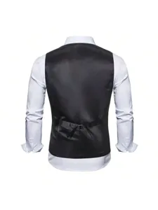 Men's formal suit waistcoat vest back view featuring adjustable strap and slim fit design.