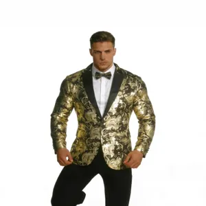 Men's Gold Paisley Suit Jacket Fashion Slim Fit Single Breasted Blazer Outerwear