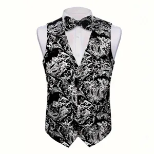 Men's Black White Paisley Suit Vest Bowtie Set Formal Business Casual Waistcoat Top