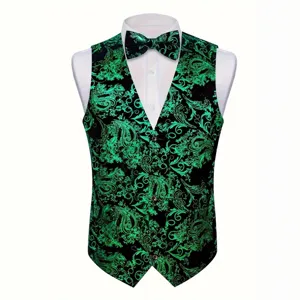 Men's black and green gold foil paisley suit vest waistcoat with matching bow tie main view