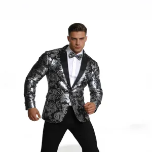 Men's Metallic Silver Paisley Tuxedo Blazer Stylish Slim Fit Party Suit Jacket Outerwear
