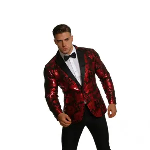 Men's red paisley sequin suit jacket stylish single breasted blazer for party wedding