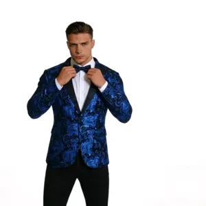 Men's fashion blue paisley blazer stylish suit jacket for formal party and business events.