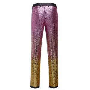 Dettaglio vista posteriore pantaloni da abito slim con paillettes sfumate rosa oro.