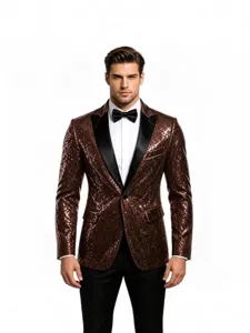 Men's stylish brown sequin blazer tuxedo jacket for party and stage performance wear