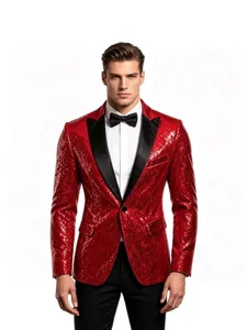 Men Red Sequin Suit Jacket Black Lapel Tuxedo Blazer Nightclub Stage Performance Outerwear