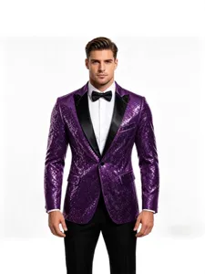 Men's purple sequin tuxedo jacket front view, stylish slim fit suit coat for party stage show.