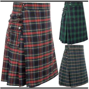 Men tartan utility kilt traditional Scottish pleated skirt with side cargo pockets and metal buckles