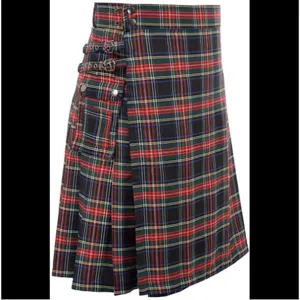 Mens Scottish Plaid Pleated Kilt Skirt Punk Streetwear Cargo Pockets Metal Buckle Casual Short Skirt