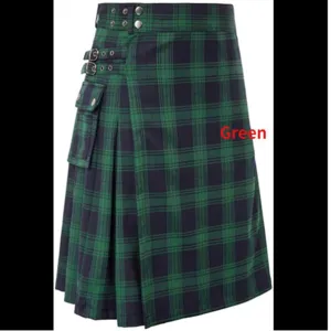 Men green black plaid utility kilt gothic punk tartan pleated cargo skirt with side pockets