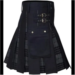 Detail shot of the stylish men's plaid pleated kilt showing the metal buckle and pocket design.