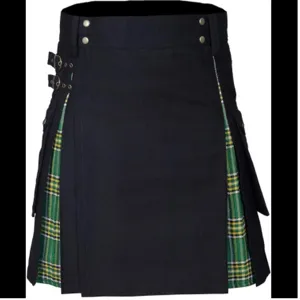 Men's Scottish tartan utility kilt with pleated green plaid side panels and metal buckles.