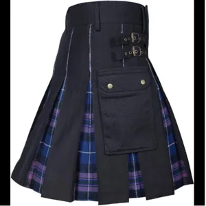 Men's stylish hybrid utility kilt featuring blue purple tartan plaid pleats and cargo pocket.