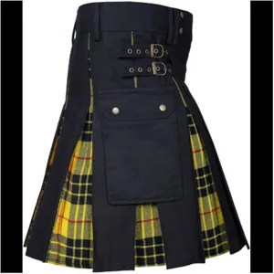 Men's utility kilt black tartan pleated skirt with cargo pockets and double buckle waist.