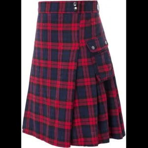 Red and blue tartan plaid kilt detail with cargo pocket and pleats for men detail view