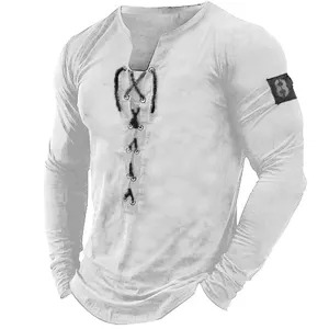 Men's long sleeve henley shirt casual lace up V neck pullover top for beach and daily wear.