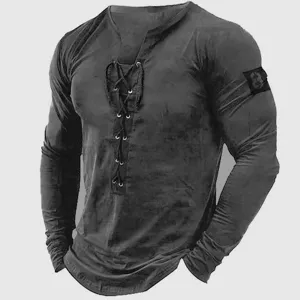 Close-up of the long sleeve Henley shirt with lace-up V-neck design and arm patch detail.