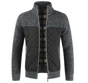 Detailed view of the men's thick knitted cardigan jacket featuring zip front and quilted panels.