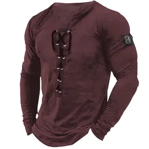 Men's Solid Color Long Sleeve Henley Shirt Casual V-Neck Lace-Up Pullover Top For Daily