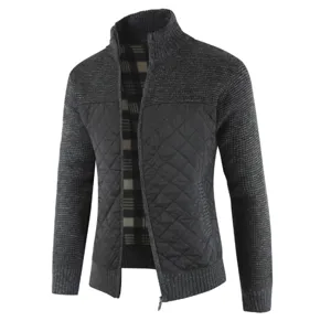Men's knitted cardigan detail showing quilted front panel and stand collar design.