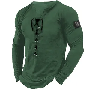 Close-up detail of men's dark green long sleeve Henley shirt with lace-up V-neck design.