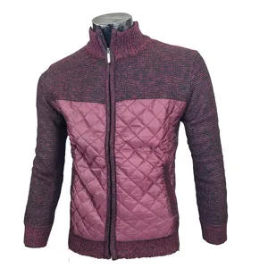 Men's colorblock thick warm knit cardigan jacket with zip up stand collar and quilted front.
