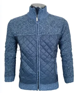 Men's color-block knitted cardigan jacket, featuring a warm quilted front panel and long sleeves for winter.