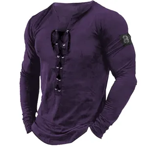 Men's casual long sleeve henley shirt solid color V-neck lace up pullover top for daily wear.