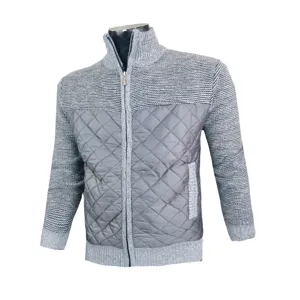 Men's grey knit zip cardigan with quilted front panel, high collar and warm winter design.