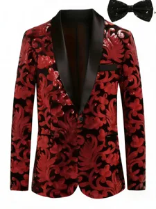 Men velvet sequin suit jacket with bow tie, red black vintage floral blazer for stage.