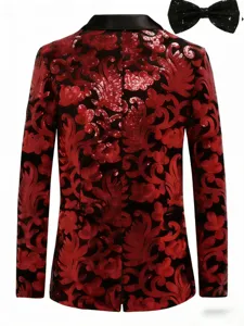 Red sequin men's blazer detail, velvet fabric with baroque pattern and black bow tie.