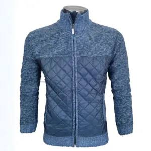 Men's winter thermal color-block quilted knit cardigan sweater with full zip high collar.